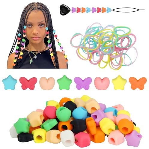 90pcs Silicone Cheveux Perles Pour Enfants Filles Tresses, Coloré Pony Perles En Vrac Femmes Cheveux Accessoires Lavable 10 Couleurs Papillon Coeur Étoile Artisanat