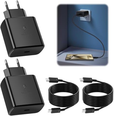 2 PCS Cavo USB C Ricarica Rapida 45W, Caricatore Rapido Compatibile con Samsung Galaxy S25 Ultra S24 S23 S22 5G A55 A54 A35 A25 A15, Note Tab S8 S9, Alimentatore Tipo C con 2 Cavi USB C da 1M