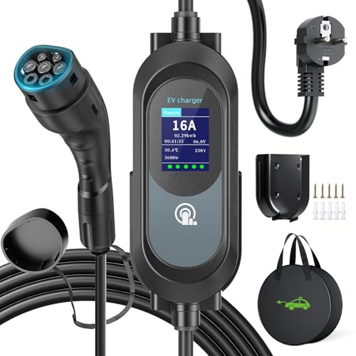 EVJUICION Chargeur Voiture Electrique 8 Mètres 16A-8A | 3,68KW | 0-12H | IP67 Programmé Chargeur Type 2 avec Grand écran LED et Support Mural Portabilité Cable Recharge Voiture Électrique avec Sac