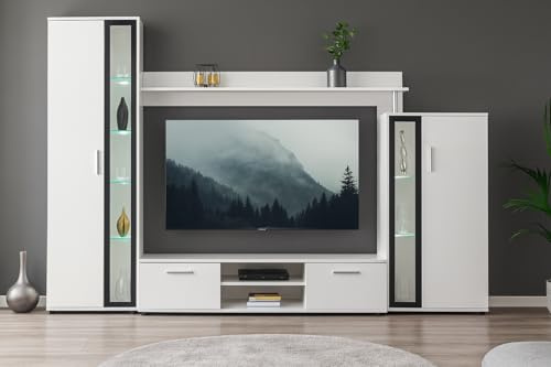 Agritrade AK Bentley Modern TV Entertainment Unit, Black Glass Finish, with or without LED Lights (Without LED, White)