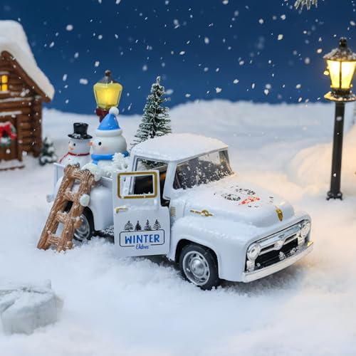 Weihnachtsdekor Innen, Vintage Metall Truck mit Mini Weihnachtsbaum, Schneemann, Schneeflocken für Winter Deko Weihnachten Tischdeko Winterdeko Innen für Kaminsims Zimmer Küche Weihnachten Geschenke