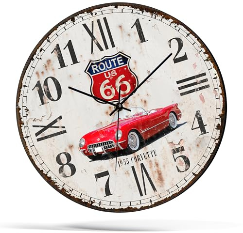 selfiewatch Horloge Murale en Bois MDF, Design Vintage 1955 Style Garage Voiture Ancienne, Dimension 30 cm, Style Rétro Américain
