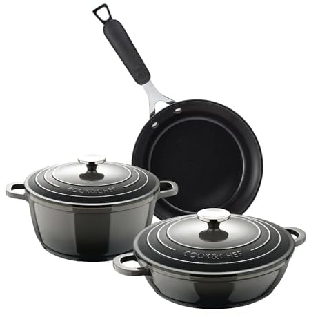 EXCALIBUR Set Kochtopf Ø 20 cm - 2,4 l und niedriger Kochtopf Ø 24 cm - 2,3 l aus Aluminium + Pfanne Ø 24 cm aus geschmiedetem Aluminium Bergner