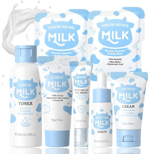 7 Stück Milk Skincare Set, Geschenke für Teenager Mädchen, Korean Skincare Set mit Reinigung, Serum, Creme&Ｍaske, Gesichtspflege Set Damen, Feuchtigkeitsspendend Skin Care Set, Hautpflege Geschenkset