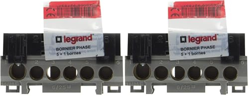 Legrand LEG92783 - Morsettiera di distribuzione fase con 5 morsetti, per cavi da 6 a 25 mm + 1 per cavi da 10 a 35 mm, colore: Nero (Confezione da 2)