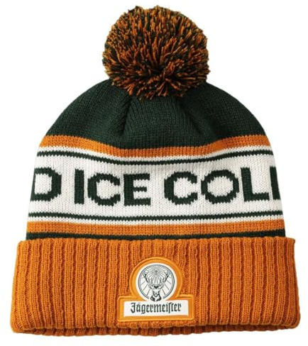 Jägermeister Unisex Bommelmütze, Dunkelgrün-Orange-Weiß, One Size, Hochwertiger Strick Acryl, Winter-Mütze mit Logo, für Outdoor & Wintersport