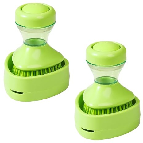 2 pieces Soap Dispensing Dish Brush - Soap Dispensing Palm Brush, Built In Refillable SoapDispensing Dish Brushs, Washing Up Scourer Kitchen D-ish Scrubber Brushs Wirh Holder For Pot Pan Sink