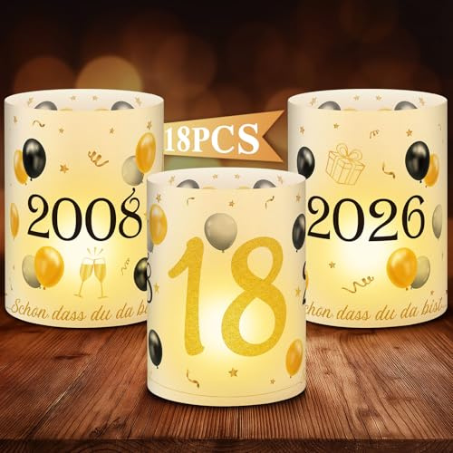 Anruzon 18Pcs Windlichter Tischdeko 18. Geburtstag - Deko 18. Geburtstag Mädchen Junge - Schwarz Gold Happy Birthday Tischdeko für Teelichter oder Kerzen
