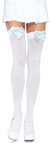 LEG AVENUE 6255 - Blickdichte Nylon Overknee Mit Satin Schleife, Einheitsgröße (EUR 36-40), weiß/hellblau, Damen Karneval Kostüm Fasching