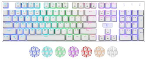 HUO JI E-Yooso Z-88 RGB Clavier de Jeu Mécanique Filaire USB Rétroéclairé RGB Personnalisable, Commutateurs Bleus - Clicky, Panneau Métallique, 104 Touches pour Mac, PC, Argent + Blanc