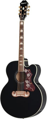 Epiphone EJ-200SCE Solid Top Cutaway Akustische/Elektrische Gitarre (Schwarz lackiert, Ahorn Korpus, Fichtendecke, 25.5 Mensur)