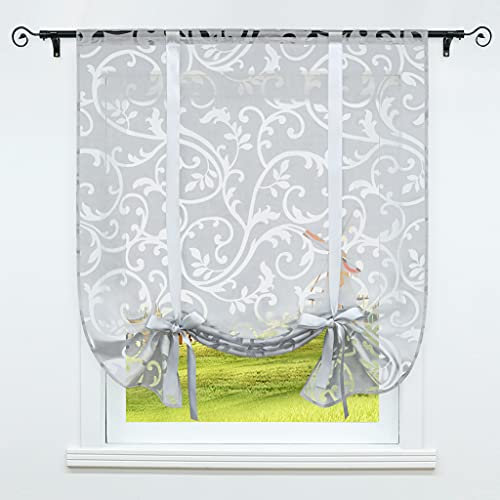 CORLIF Raffrollo mit Tunnelzug Gardinen Küche Ausbrenner Transparente Vorhänge Modern Kurze Fenster Vorhang mit Ranken Muster Grau BxH 140x140cm 1 Stück