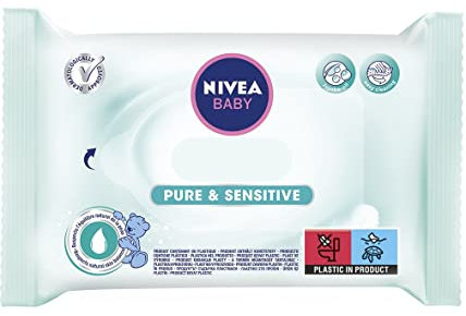 NIVEA BABY Lingettes Pure & Sensitive (1 x 63), lingettes nettoyantes hypoallergéniques pour bébé & nourrisson, lingettes à l'huile de jojoba pour les peaux sensibles