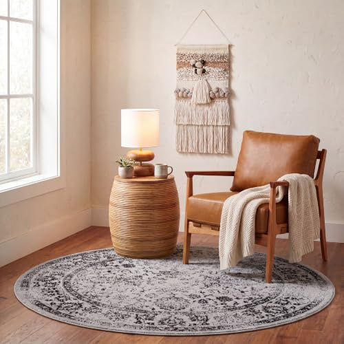 SAFAVIEH Adirondack Collection Area Rug - 6' Round, Grey & Black, Distressed Vintage Floral Design, Non-Shedding & Easy to Clean, Ideal for Living Room, Bedroom, Dining Space (ADR109B)