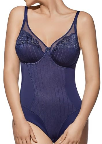 Selene, Body Donna in Pizzo dal Motivo Floreale, con Ferretto e Senza Imbottitura, Collezione Mariluz, Colore Blu, Coppa 3 C