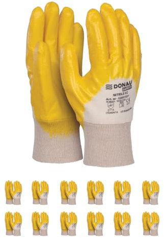DONAU SAFETY Arbeitshandschuhe aus Baumwollstrick Herren/Schützender Nitril Beschichtet/Größe 10, 12 Paar/Gelb Weiß/Montagehandschuhe/für Montagearbei Mechaniker Service Transport und Bau