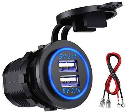 Kibon Car USB Socket Car Charger Socket 12V/24V Waterproof Dual USB Car Charging Port with 60 cm Cable Dual Charging Ports for 12V Car Motorhome Boat Motorhome Motorbike Mobile