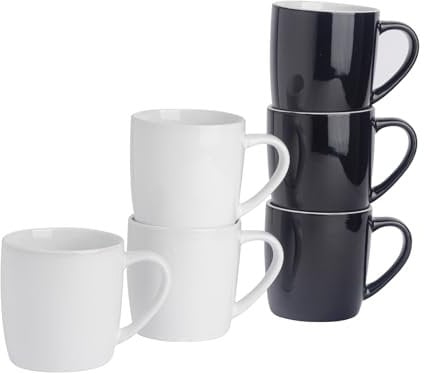 Argon Tableware Coloured Coffee Mugs - Black/White - 350ml - Pack of 6 - Gloss Ceramic Stoneware Latte Cappuccino Cups Hot Chocolate Cups Colourful Mug Set with Handle