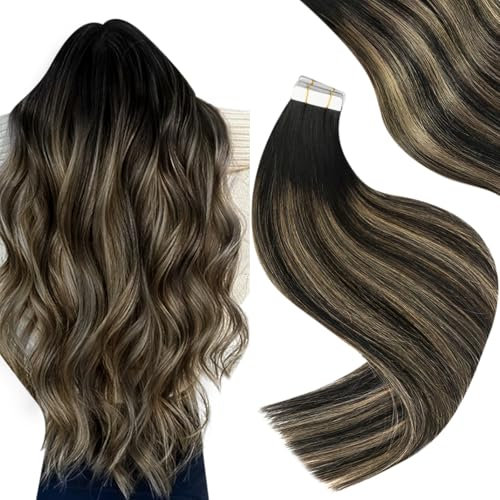 Easyouth Echthaar Extensions Tape Ombre Blond Invisible Tape in Extensions Echthaar Schwarz Balayage Honigblond Tape Haarverlängerungen Echthaar für Volumen 45cm 40g 20pcs #1B/27/1B