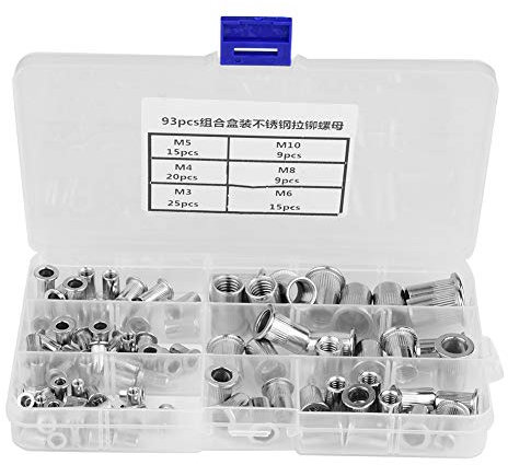 Nietmuttern, 93 Stück 304 Blindnietmuttern aus rostfreiem Stahl Verschiedene Verwendungszwecke in Industriebereichen M3 M4 M5 M6 M8 M10 Blindnietmutternsatz mit Gewindeeinsatz