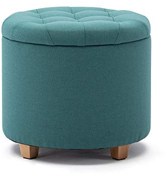 HNNHOME Sitzhocker mit Stauraum, Sitz rund mit Deckel, Sitztruhe, Fußbank Truhen Aufbewahrungsbox, Leinen, 44 L, 45 x 45 x 41 cm, Hellgrün