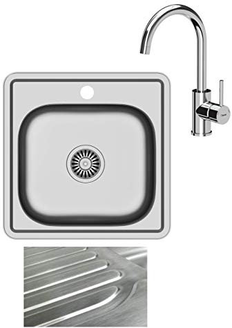 VBChome Einbauspüle mit Armatur 48x48 Satinstruktur ab 45er Unterschrank Edelstahl Küchenspüle Spüle Ablagefläche Abtropffläche eckiges Camping Ablaufgarnitur Siphon Wasserhahn Chrom