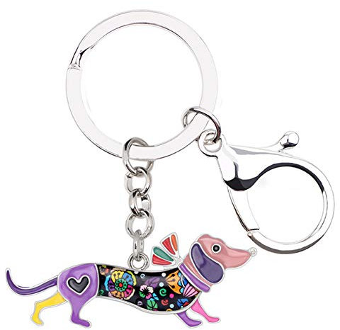 WEVENI Metall-Legierung Elegante Hut Dackel Hund Schlüsselketten Ringe Emaille Schlüsselanhänger Schmuck Für Frauen Mädchen Tasche Auto Charms (Lila)