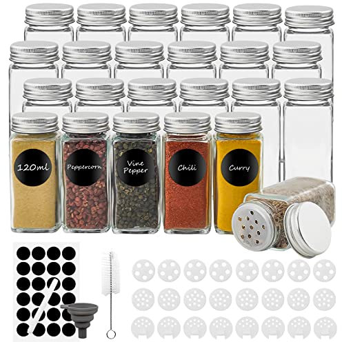 Withosent Gewürzgläser Eckig 24er Set, 120ml Gewürzdosen Glas Gewürzstreuer mit Schraubkappe, Gewürzbehälter Gewürze Aufbewahrung mit Streueinsatz, Etiketten, Trichter, Bürste