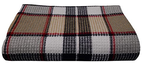 GLAESER Wohndecke Fair Deluxe Cotton All Seasons | Wolldecke aus 50% Baumwolle, 30% Polyester, 20% Acryl | Couchdecke/Sofadecke | Kuscheldecke | Wolldecke mit Fransenborde (Hellbraun/Schwarz Kariert)