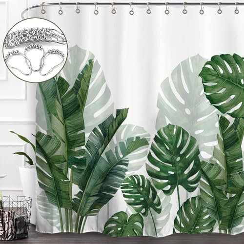 Baccessor Duschvorhang mit Monstera-Blättern und Metallhaken, wasserdicht, waschbar, Stoff, Badezimmer-Dekor, botanische Banane, Monstera-Blatt, Palme, Duschvorhang, 183 x 183 cm (B x L)