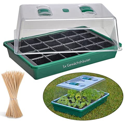 Novatool 5X Anzuchtset Gewächshaus mit 200x Holzstab Pflanzstütze I Anzuchtsset Anzuchthaus Kräuter I Mini Gewächshaus Fensterbank I Zimmergewächshaus XXL Fensterbank Treibhaus Gewächshaus klein