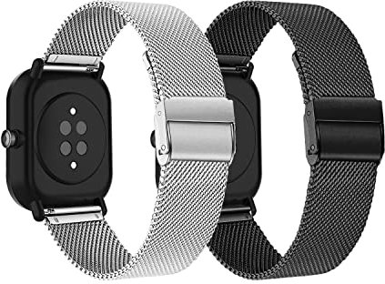 LanQii 20mm Metall Armband für Amazfit Active 2/Active/Bip 3/Bip 3 Pro/Bip/Bip S Uhrenarmband, Edelstahl Ersatzarmband für Amazfit GTR Mini/GTR 42mm/GTS 4/GTS 4 Mini/GTS 3/GTS 2 - Schwarz/Silber