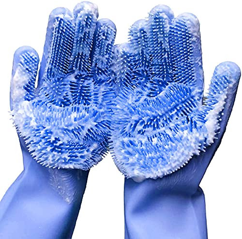 Gants de vaisselle réutilisables en silicone pour vaisselle, brosse de nettoyage avec éponge pour travaux ménagers, cuisine, voiture, nettoyage des vitres. 1 paire (34,5 cm, grand) (bleu)