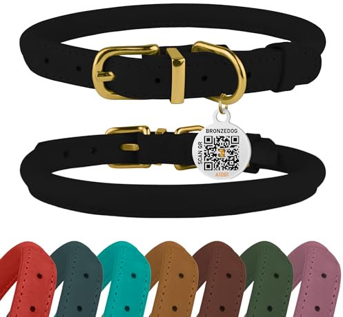 BRONZEDOG Hundehalsband aus gerolltem Leder mit QR-ID-Tag, verstellbar, weiche runde Halsbänder für kleine, mittelgroße und große Hunde, Welpen, Katzen (Schwarze Nacht, 18-25 cm)
