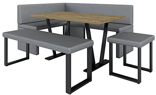 Eckbank Akiko Metal mit Tisch und Bänken - Eckbankgruppe für Ihrem Esszimmer, Küche modern, Sitzecke, Essecke. Perfekt für Küche, Büro und Rezeption. Solide Verarbeitung (Soft 29, 196x142 rechts)