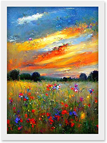 Doppelganger33 LTD Sunset Wildflower Peaceful Summer Meadow Oil Painting Artwork Framed Wall Art Print A4