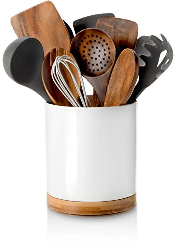 Nucookery Grand pot à ustensiles rotatif à 360°, 18,3 cm, organiseur d'ustensiles de cuisine en céramique blanche avec fond en liège de protection du plan de travail pour décoration de cuisine de