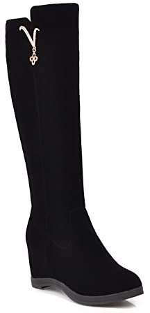 Stivali Alti al Ginocchio da Donna Tacco A Zeppa Scamosciata Equitazione Scarpe Invernali,Nero,38 EU