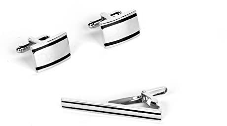 1Set Cufflinks & Tie Clip Brass Plated Square Classic Stripes (Silver) With Velvet Pouch for Dress, Gift, Shirt Decoration (Silver)