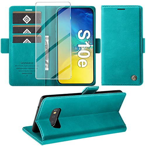 Giyer Handyhülle für Samsung Galaxy S10E Hülle mit Schutzfolie, Standfunktion Kartenfach Wallet Premium Leder Schutzhülle S10e Flip Case Cover Stoßfeste Klapphülle S10E 5.8 Zoll (Cyan)