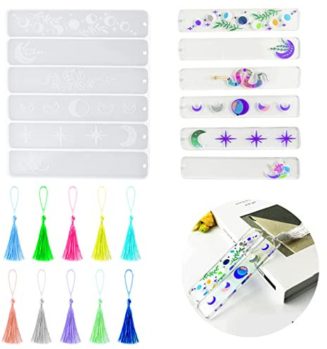 Koonafy Lesezeichen Harz Form Silikonform mit 10 Stücke Bunte Quasten, Lesezeichenform Aus Kunstharz, Lesezeichen Epoxidharz Formen Set, Bookmark Resin Molds für DIY Lesezeichen Schmuck