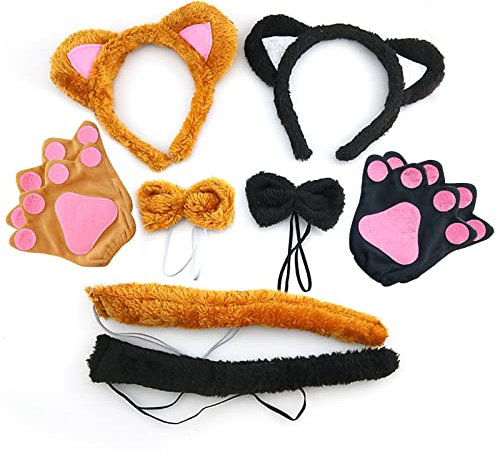 TSHAOUN 2 Sets Gatto Cosplay Set, Costume Giochi Gatto Peluche Artiglio Guanti Gattino Orecchie Coda e Fiocco per Dress Up Carino Costume Party Decoration Set per Bambini Donne Ragazze (Gatto e orso)
