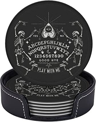 SEPTYK Vintage Skelett Magic Ouija Muster Untersetzer für Getränke mit Halter, 6 Stück, Leder, rund, 10,2 cm, für Zuhause, Küche, Dekoration, Kaffeetasse, Einweihungsfeier