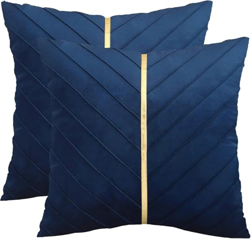 Tosleo Navy Blue Velvet Throw Pillow Covers 26x26 inch Pack of 2 with Gold Leather Decorative Couch Pillowcases Luxury Modern Pillow Cover for Living Room Bedroom Sofa Cushion Bed