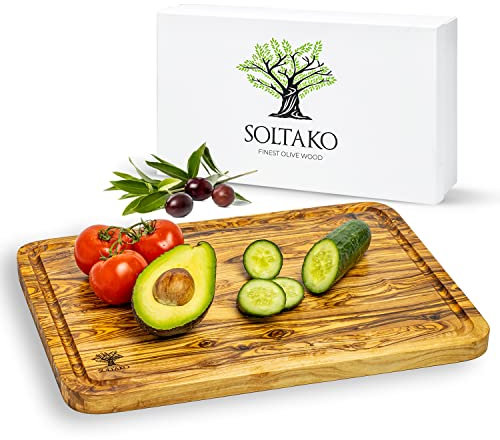 SOLTAKO Planche Apéro Bois d´olivier, Planche à découper avec rainure à jus, Plateau de Fromage Artisanal, Planche charcuterie ou petit-déjeuner 40x30cm