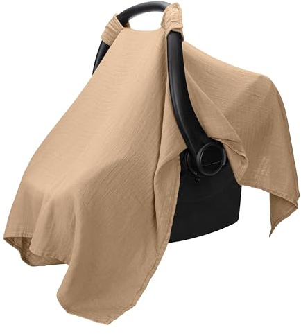 Comfy Cubs Muslin Cotton Baby Car Seat Cover - Soft, Breathable and Lightweight Infant Car Seat Cover - Designed in the US, Canopy for Sun Protection - Large Baby Travel Essentials - Cedar