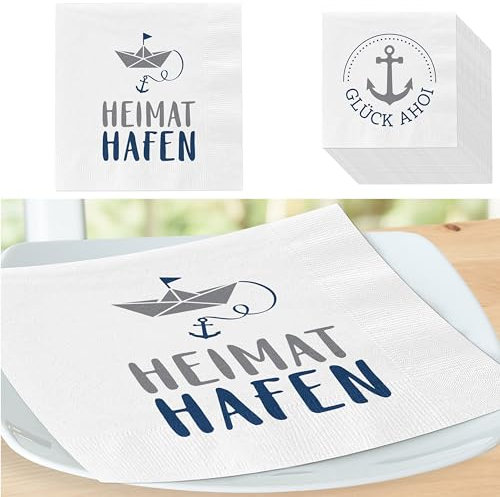 Servietten 'Ahoi' 2 Motive 80er Set | 33x33cm 3-lagig Papierserviette | Serviette mit Heimathafen Glück Ahoi (1 x 80er Set Servietten Ahoi)