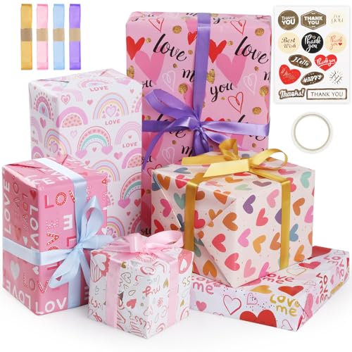 Bigqin Geschenkpapier, 6 Blätter 50 x 70 cm Geburtstag Geschenkverpackung mit Band Aufkleber Doppelseitigem Klebeband, Geschenkpapier Set für Geburtstag Valentinstag Muttertag