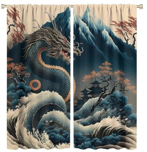 COALHO, Lot de 2 panneaux de rideaux occultants vintage japonais avec passe-tringle pour chambre à coucher - Motif vague - Motif : Mont Fuji - 182,9 x 80 cm (L x l)