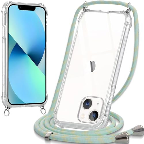 Oelrstfe Funda para iPhone 13 Mini con Cuerda, Transparente TPU Suave Silicona Carcasa con Correa Colgante Ajustable Collar para iPhone 13mini, Verde